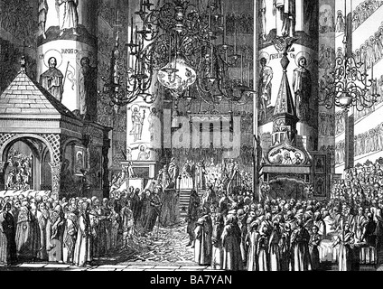 Katharina II., "der Große", 2.5.1729 - 17.11.1796, Kaiserin von Russland 1762 - 1796, Krönung in der Mariä-Entschlafens-Kathedrale, Kreml, Moskau, Kupferstich von Aleksey Kulpashnikov, nach Jean de Bauch, Artist's Urheberrecht nicht gelöscht werden Stockfoto