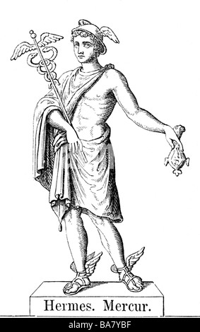 Hermes, (lat. Mercurius), griechische Gottheit, Bote, Zeichnung, 19. Jahrhundert, nach altem Bild, Stockfoto