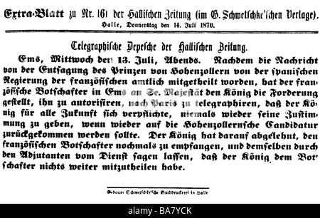 Ereignisse, Französisch-Französischer Krieg 1870 - 1871, Ems-Versand, verkürzte Fassung, "Hallische Zeitung", 13.7.1870, Stockfoto