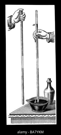Torricelli, Evangelista, 15.10.1608 - 25.10.1647, italienischer Physiker, Experiment mit mit mit Quecksilber gefüllten Glasröhren, 1643, Holzgravur, 19. Jahrhundert, Stockfoto