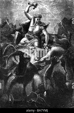 Thor, germanische donnergott, Szen, mit Hammer schlagen, Holzgravur, 19. Jahrhundert, Stockfoto