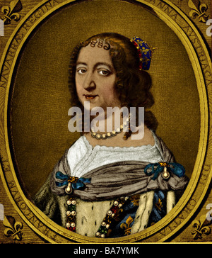 Anna von Österreich, 22.9.1601 - 20.1.1666, Königin von Frankreich seit 1615, die Ehefrau von Louis XIII, Porträt in Oval, Kupferstich von Antoine Masson, farbig, 17. Jahrhundert, Artist's Urheberrecht nicht gelöscht werden Stockfoto