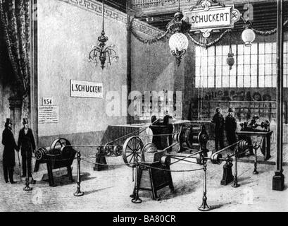 Ausstellungen, Weltausstellung, Ausstellung Universelle, Paris, 15.4.1900 - 12.11.1900, Maschinenhalle, Innenansicht, Ausstellung der Schuckert Werke, Nürnberg, Holzgravuren nach Zeichnung von Tournois, 1900, Technik, Industrie, Deutschland, Ausstellung, Frankreich, Europa, 19. Jahrhundert, historisch, historisch, Menschen, 1900er Jahre, Stockfoto