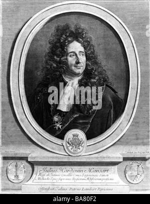 Hardouin-Mansart, Jules, 16.4.1646 - 11.5.1708, französischer Architekt, Porträt in oval mit Wappen, Kupferstich von edelinck nach dem Lackieren von Vivien, Artist's Urheberrecht nicht gelöscht werden Stockfoto