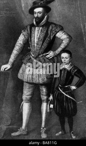 Raleigh, Walter, 1552-29. 10.1618, englischer Seefahrer und Thema / Autor, volle Länge, mit seinem Sohn Walter, nach dem Lackieren, 1602, Artist's Urheberrecht nicht gelöscht werden Stockfoto