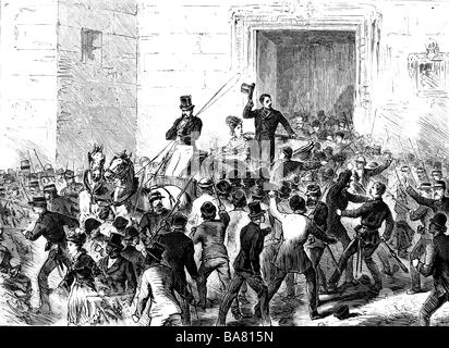 Alfonso XII, 28.11.1857 - 25.11.1885, König von Spanien 29.12.1874 - 25.11.1885, Aufruhr in Graz, Holzgravur nach Schreckung von Franz Schlegel, ca. 1870, Stockfoto