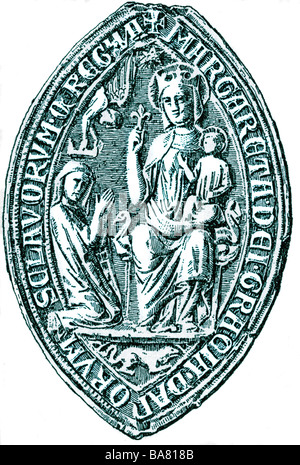 Margaret I, 20.7.1353 - 28.10.1412, Königin von Dänemark 1387 - 1412, von Norwegen 1388 - 1412 und Schweden 1389 - 1412, Siegel, Porträt, Holzgravur, 19. Jahrhundert, später farbig,