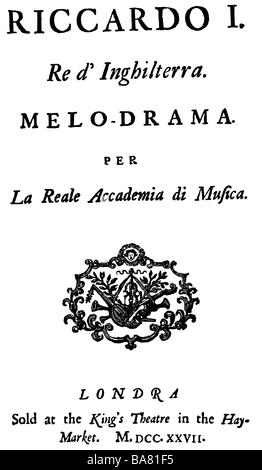 Händel, George Frederic, 23.2.1685 - 14.4.1759, deutscher Komponist, Werke, Oper "Riccardo Primo" (1727), Performace, King's Theatre, London, Premiere, 11.11.1727, Drehbuch, Titel, Stockfoto