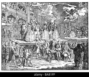 Gay, John, 30.6.1685 - 4.12.1732, Englisch Autor/Schriftsteller, Werke, "The Beggar's Opera" (1728), Szene, Kupferstich von William Hogarth,, Artist's Urheberrecht nicht gelöscht werden Stockfoto