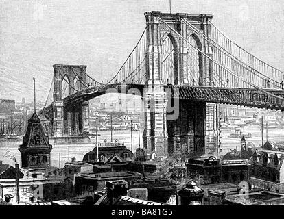 Geografie/Reisen, USA, New York, Brooklyn Bridge, erbaut 1870 - 1883, Architekt: John Augustus Roebling, Ansicht, Holzgravur, ca. um das Jahr 1895, East River, Verkehr, Architektur, Hängebrücke, Amerika, 19. Jahrhundert, historisch, historisch, Stockfoto