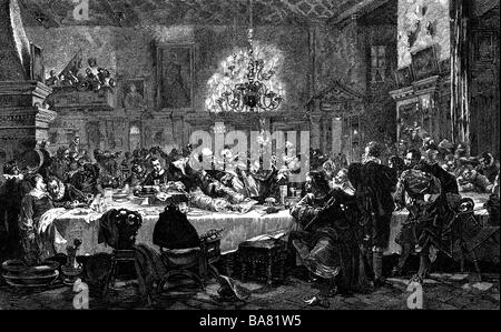 Wallenstein, Albrecht von, 24.9.1583 - 25.2.1634, böhmischer General, fest der Offiziere bei Pilsen, 12.1.1634, Holzgravur, 19. Jahrhundert, Stockfoto