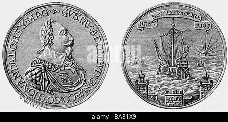 Gustavus Adolphus, 19.12.1594 - 16.11.1632, König von Schweden 30.10.1611 - 16.11.1632, Deutsche Gedenkmedaille des Jahres 1630, Holzgravur, 19. Jahrhundert, Stockfoto