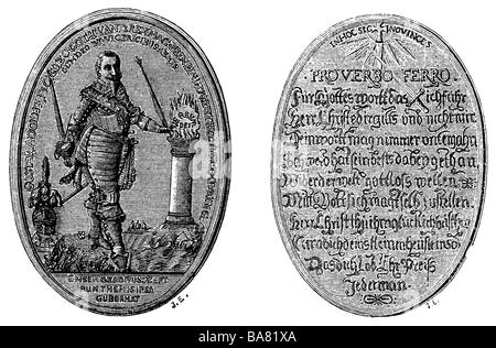 Gustavus Adolphus, 19.12.1594 - 16.11.1632, König von Schweden 30.10.1611 - 16.11.1632, Deutsche Gedenkmedaille, 1632, Holzgravur, 19. Jahrhundert, Stockfoto