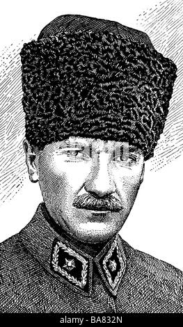 Kemal Atatuerk, Mustafa, 12.3.1881 - 10.11.1938, türkischer Politiker, Präsident 1923 - 1938, Porträt, Zeichnung, ca. 1925, Stockfoto
