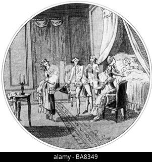 Napoleon I., 15.8.604 - 5.5.181, Kaiser der Franzosen 2.12.1804 - 22.6.1815, Geburt in Ajaccio, Korsika, Gravur von Le Beau nach Zeichnung von Nodet, 18. Jahrhundert, Stockfoto