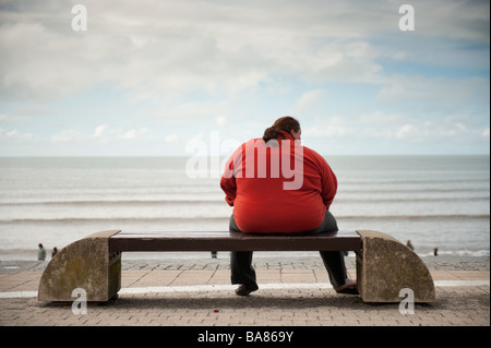Eine Rückansicht ein Übergewicht große fette Frau mit roten Fleece sitzen alleine auf einem Meer Bank allein UK Stockfoto