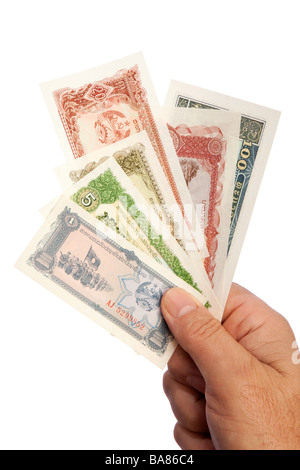 Geld männliche Hand Holding Handvoll niedrig der alten Bezeichnung Lao Währung Stockfoto