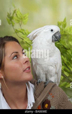 Frau mit Regenschirm Kakadu auf der Schulter / Cacatua Alba Stockfoto