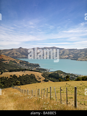 Blick über Akaroa Harbour, Südinsel, Neuseeland Stockfoto