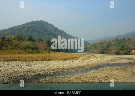 Typische Landschaft der Corbett National Park mit Fluss Berge und Dschungel Uttaranchal Indien Stockfoto