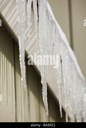 Eiszapfen hängen von Dachtraufe Stockfoto