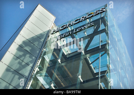 Die markante neue moderne Architektur des Glases Frontmann John Lewis-Store in Leicester Highcross Shopping Center. Stockfoto