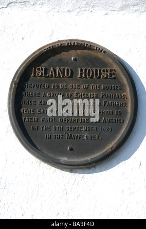 Insel Haus Gedenktafel der Pilgerväter Reise, Barbican, Plymouth, Devon, UK Stockfoto