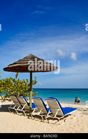 Liegestühle und Sonnenschirm am Grand Anse Beach Grenada Stockfoto