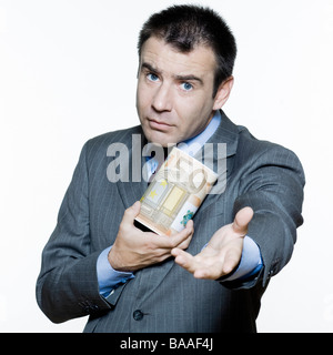 ausdrucksstarke Portraits auf isolierten weißen Hintergrund eines schönen Geschäftsmann am Aktienmarkt crisi Stockfoto