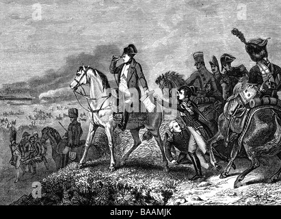 Ereignisse, Krieg der Fünften Koalition 1809, Schlacht bei Wagram 5.- 6.7.1809, französischer Kaiser Napoleon I., Holzgravur, 19. Jahrhundert, napoleonische Kriege, Österreich, Generalstab, Offiziere, historisch, historisch, Menschen, Stockfoto