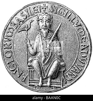 Edward 'The Confessor', ca. 1003 - 5.1.1066, König von England seit 1042, Heiliger, halbe Länge, sein Siegel, Holzgravur nach dem Eindruck des Originals, British Museum London, Stockfoto