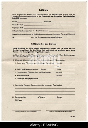 Geografie/Reisen, Deutschland, Ostdeutschland, Dokumente, Erklärung für den Eintritt in die Deutsche Demokratische Republik vom 1.7.1967, Stockfoto