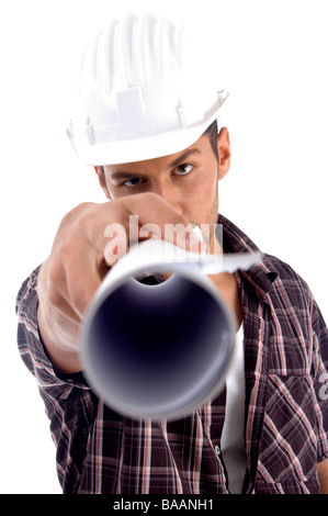 junger Architekt aufgeben nahe Blick auf seine Blaupausen Stockfoto