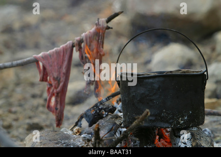 Porcupine Caribou Darm werden am Spieß über offenem Feuer, neben einem Topf mit kochendem Wasser geröstet. Stockfoto