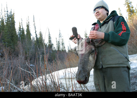 Ein Jungjäger der First Nations Mädchen hält den Kopf des ein Stachelschwein-Karibus in der Nähe von Old Crow, Yukon Territorium, Kanada. Stockfoto