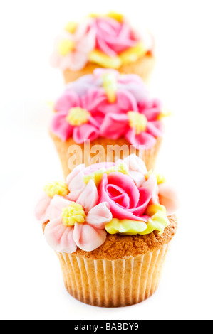 Reihe von leckeren Muffins mit Puderzucker Blumen Stockfoto