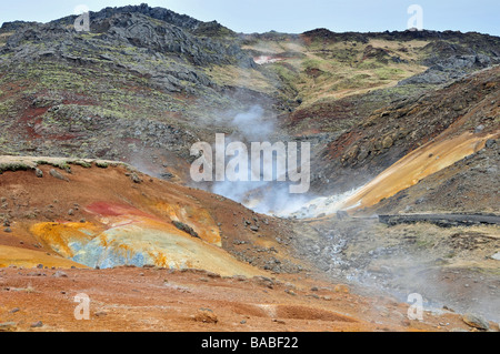 Dampfende Solfataren und bunten Lehmböden in Krísuvík hohen Temperatur geothermische Gebiet, Süd-West-Island Stockfoto