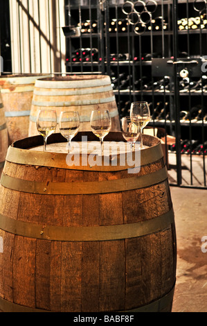 Reihe von Weingläser auf Lauf im Weingut Keller Stockfoto