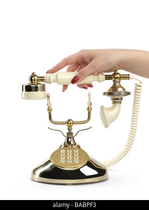 Frau mit einem Telefonhörer Stockfoto