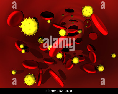 Eine Reihe von Rotavirus-Partikel schwimmen neben Blutkörperchen in ein Blutgefäß Stockfoto