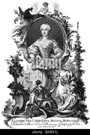 Elisabeth Christine, 8.11.1715 - 13.1.1797, Königin von Preußen, halbe Länge, allegorischen Grenze, nach einem Gemälde von Antoine Pesne, circa 1750, Artist's Urheberrecht nicht gelöscht werden Stockfoto