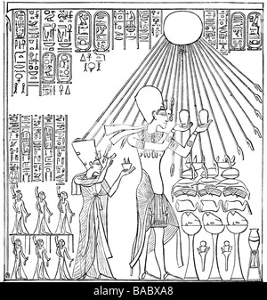 Akhenaten (Amenophis IV.), König von Ägypten 1353 - 1336 v. Chr., 18. Dynastie, volle Länge, opferend für gott Aton, hinter ihm seine Frau Nefertiti und ihre Kinder, Zeichnung, 19. Jahrhundert, nach einer Erleichterung von Amarna, ca. 1370 - 1350 v. Chr.,