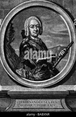 Ferdinand VI., 23.9.1713 - 10.8.1759, König von Spanien 9.7.1746 - 10.8.1759, halbe Länge, in Rüstung, Mezzotint, von Johann Daniel, Stockfoto