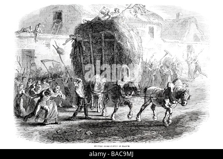 Ernte nach Hause Brauch in Frankreich 1854 Pferd Wagen Stroh Heu Peitsche Sense Sichel reaper Stockfoto