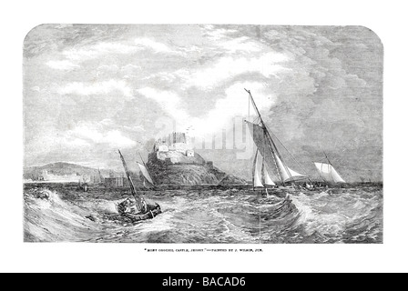 Mont Hochmuts Burg Jersey gemalt von j Wilson jun 1854 Küste Strand Meer Sand Wellen wind Strom Regen Sturm Wildwasser-Segelboot Stockfoto