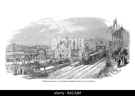 Eröffnung der North Devon Railway Ankunft des Zuges in Barnstaple 1854 Tarka Line Track Dampf Zug Motor celerbration Stockfoto