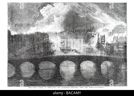 große Brände in Newcastle und Gateshead skizziert von der hohen Brücke 1854 Stockfoto