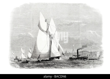 Schoner entsprechen der royal Thames Yacht Club die Gloriana kommen zuerst an Gravesend 1865 besonderes Rennen sechsundvierzig Fußzeilen Stockfoto