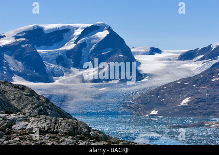 Grönland, Angmassalik Region, Tiniteqlaaq, Brückner Gletscher (Eiskappe) und Johan Petersen Fjord Stockfoto