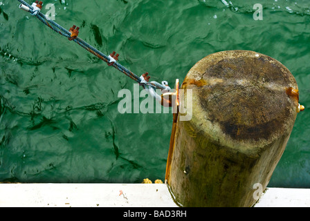 Nahaufnahme der hölzernen Latten mit rostigen Kette und das grüne Meer im Hintergrund. Teil des Piers. Stockfoto